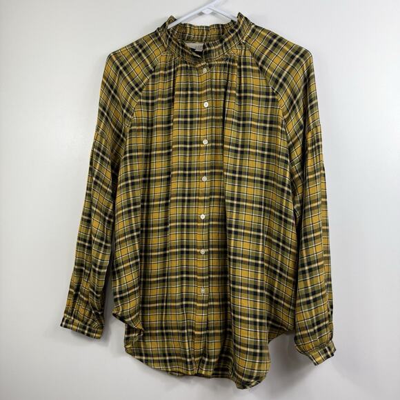 Loft Yellow Black Plaid Button Up Shirt Small Ruffle Neck Fall Tunic Preppy - Picture 12 of 14
